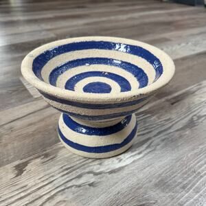 Handmade Studio Pottery Bowl Blue Stripe Pedestal Rustic Ceramic